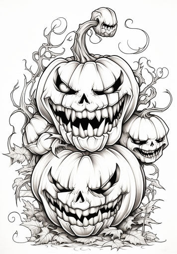 Three pumpkins coloring pages, column and totem style, caricature faces