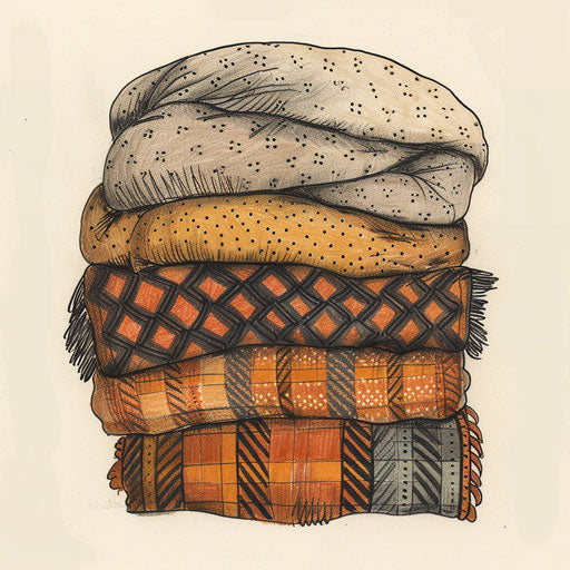 Three dots under patterned blankets