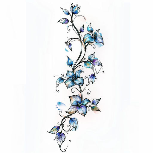 Elegant flat tattoo sketch with watercolor effects of a jagua vine winding gracefully