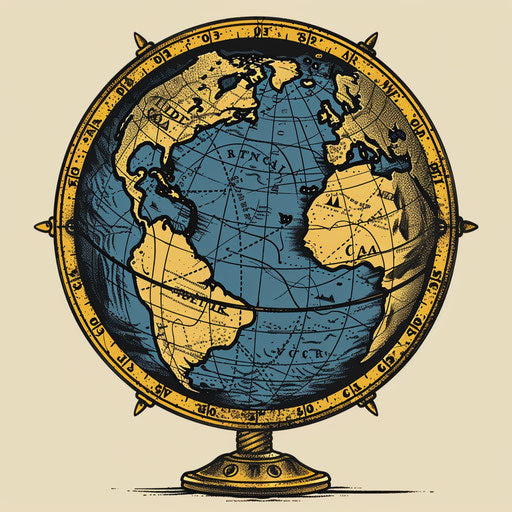 Traditional flat tattoo sketch of a globe with historical trade routes