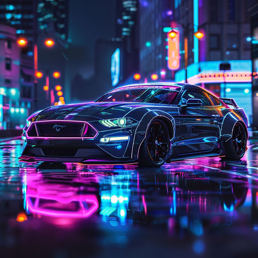 Cyberpunk-inspired Ford Mustang GT Shelby Classic with neon underglow and digital displays