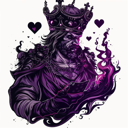 Gothic clipart-style flat tattoo sketch of a king of hearts with dark purple and black gothic elements