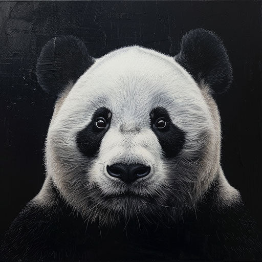 Panda portrait in front of black background, painted in photorealism style
