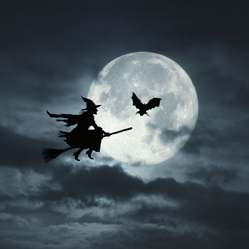 A classic Halloween scene with a witch flying