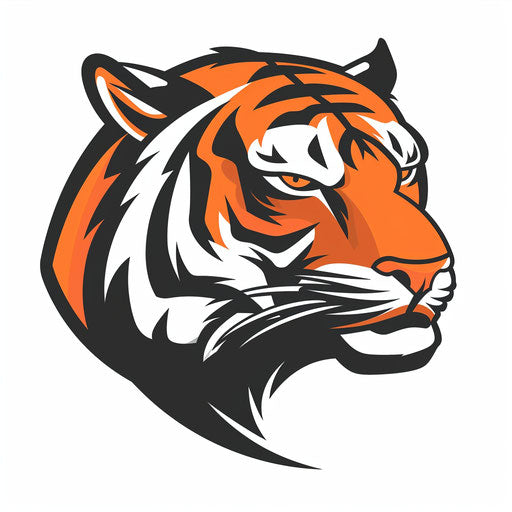 Bold orange and black fierce tiger sports logo on white background