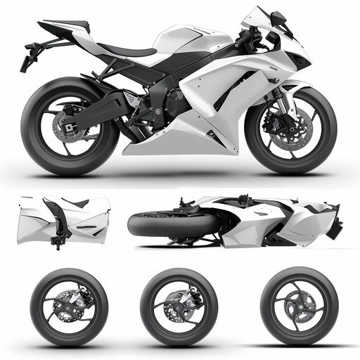 Realistic motorbike clipart on flat white background, high contrast and soft shadows