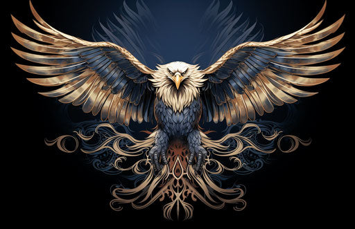 Eagle tattoo with gray wings on beige and navy background