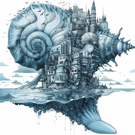 Giant shell with cityscape in tattoo sketch