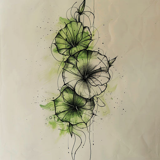 Eco-friendly tattoo sketch of morning glory with natural green tones and organic shapes