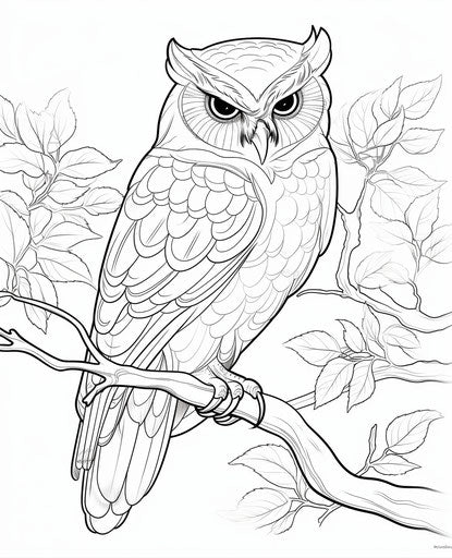 adults coloring owl on branch free adult pages