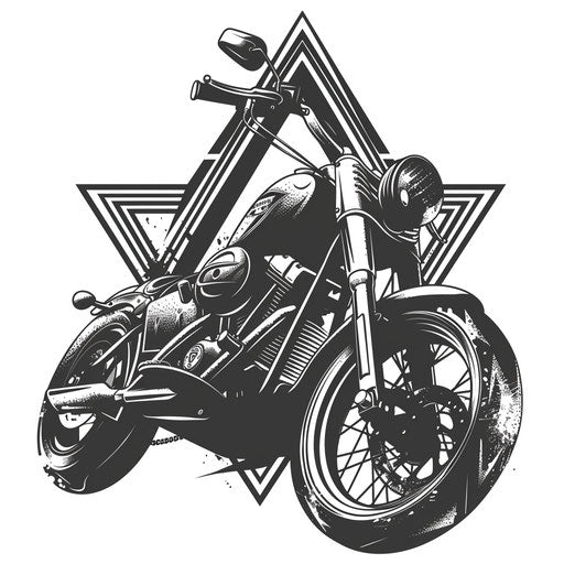 Blackwork motorcycle tattoo design with geometric elements and dark shading