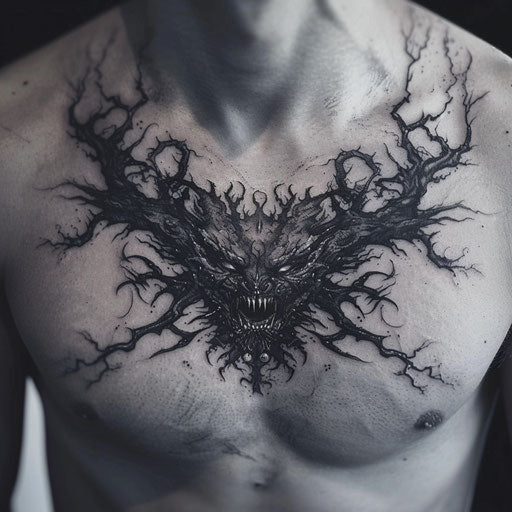 Men's chest tattoo with eerie demonic faces