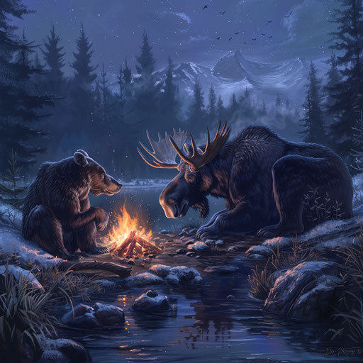 Peaceful sharing by campfire between moose and bear