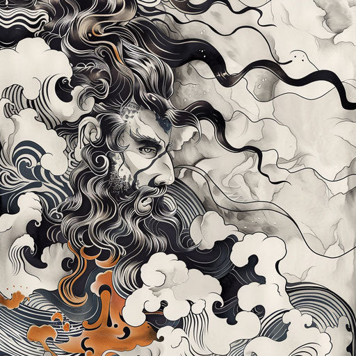 Japanese Irezumi Style Tattoo of Zeus with Waves and Clouds