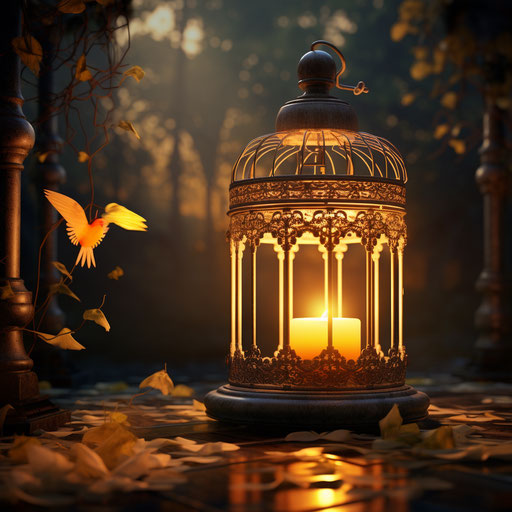 Antique bird cage, luminous atmosphere, harmony with nature
