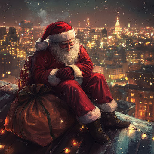 Santa Claus on a city rooftop, enjoying holiday lights