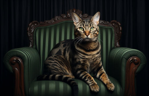 Cat on black couch, dark emerald and light brown style