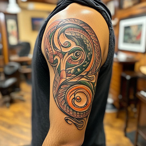 Quarter sleeve tattoo with tribal design wrapping around arm