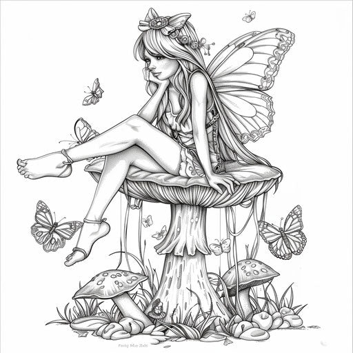 Whimsical fairy on a toadstool with butterflies