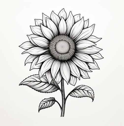 Simple black and white illustration of a sunflower