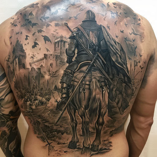 Medieval knight cover up tattoo in the style of Adrian Smith