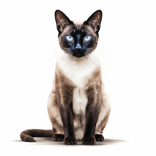 A siamese cat sitting on white background, maroon and beige tones