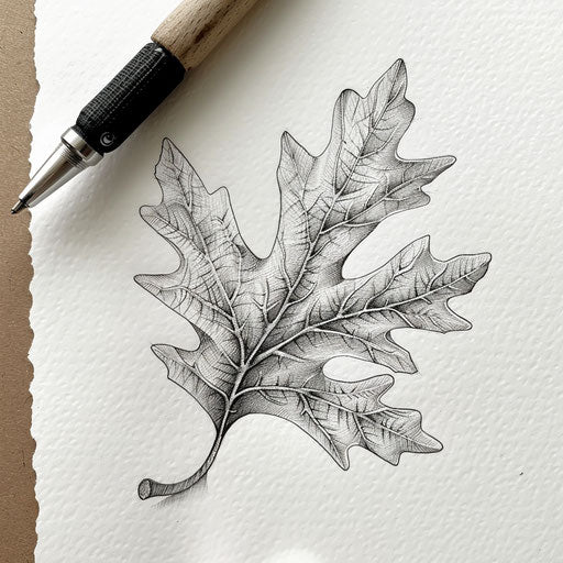 Intricate oak leaf tattoo sketch with fine lines on white paper texture background