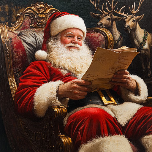 Santa Claus checking list in ornate sleigh, reindeer poised