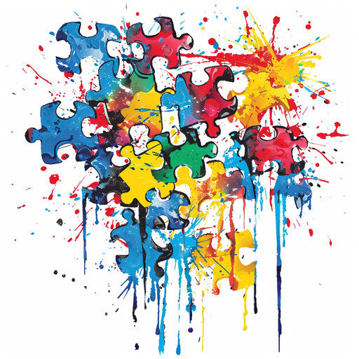 Ink splatter tattoo design with autism puzzle pieces in splashes
