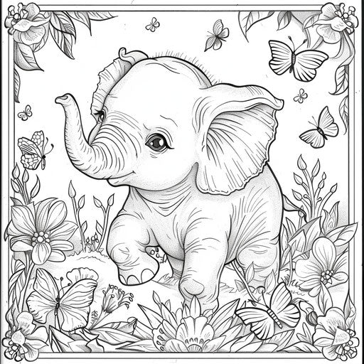 Baby elephant playing with butterflies in the style of a coloring book page by Jen Bartel