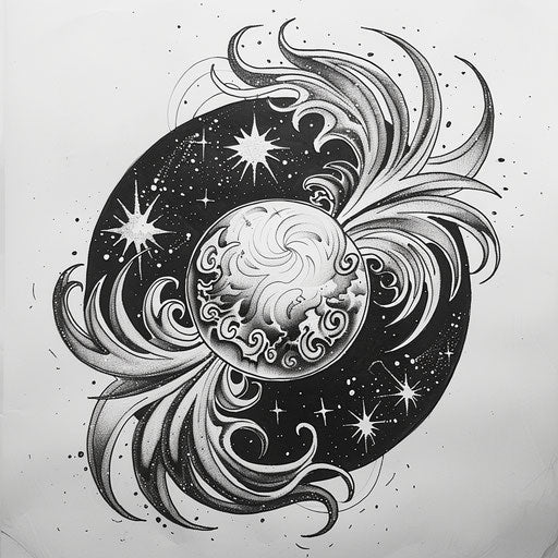 Sketch of cosmic disco ball tattoo with swirling galaxies