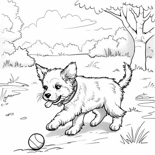 A puppy playing with a ball in the park. Coloring book page