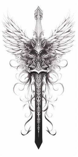 Winged sword in black and white, nature-inspired art nouveau style