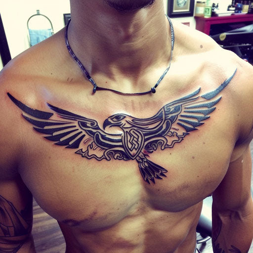 Spiritual tattoos of a tribal eagle, Ed Hardy style, on chest