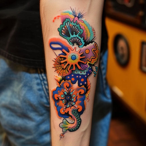 Psychedelic meaningful tattoos with vibrant colors and abstract shapes
