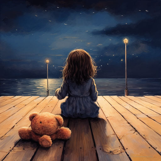 Little girl stares at a teddy bear on the pier