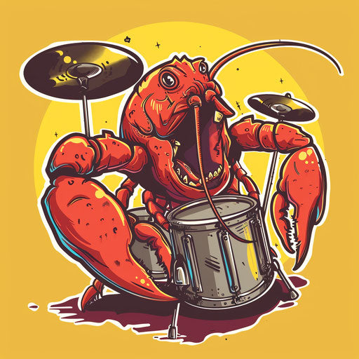 Playful flat tattoo sketch of a cartoon lobster playing drums