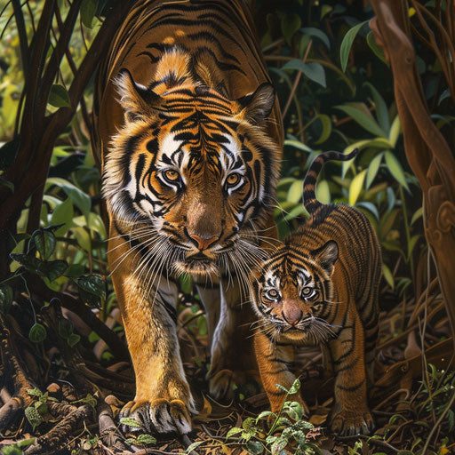 Sunda tiger teaching cub in jungle