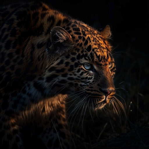 Interplay of shadow and light on a Amur leopard fur moving silently at dusk.