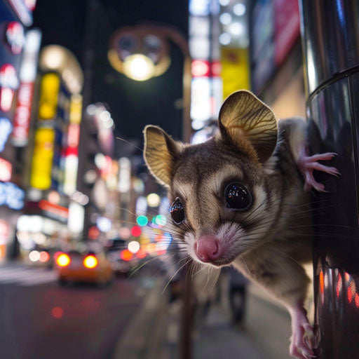 An adventurous flying squirrel navigating the bustling streets of Tokyo at night