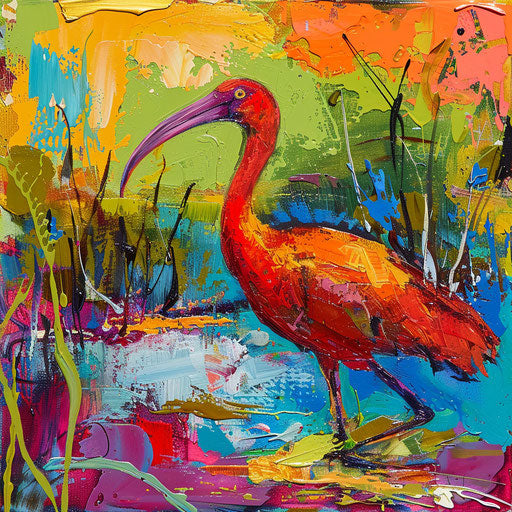 Ibis in a vibrant marsh with intense colors