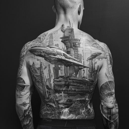 Futuristic back tattoos for men with advanced technology