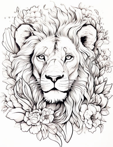Black and white lion drawing with flowers, exotic style