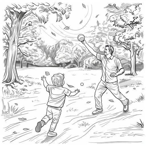 Dad and child playing catch in the park - Coloring page