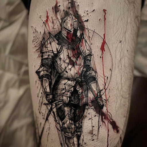 Expressionist tattoo sketch of a knight in agony