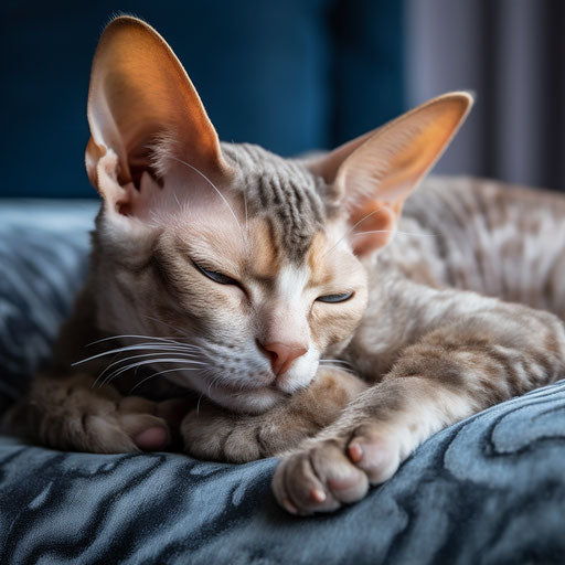 Devon rex cat sleeping on a couch