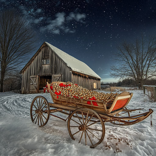 Vintage sleigh with jingle bells in front of old barn