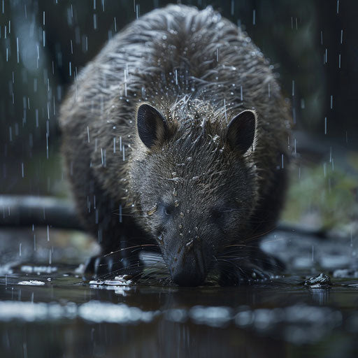 Wombat in gentle rain with raindrops in puddles