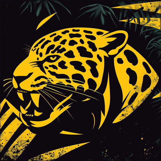 Fierce jaguar sports logo in yellow and black, tropical backdrop