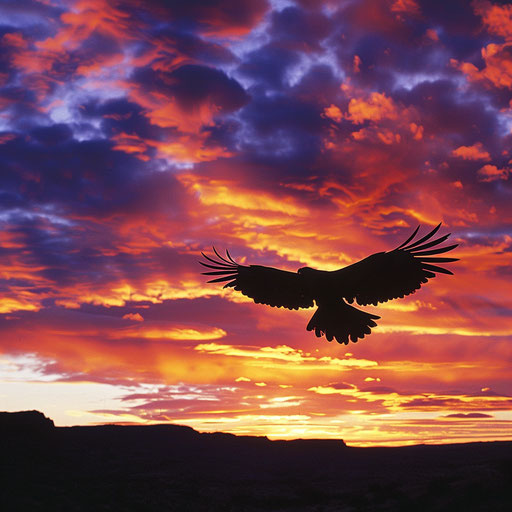 Silhouette of a wedge-tailed eagle flying at sunset